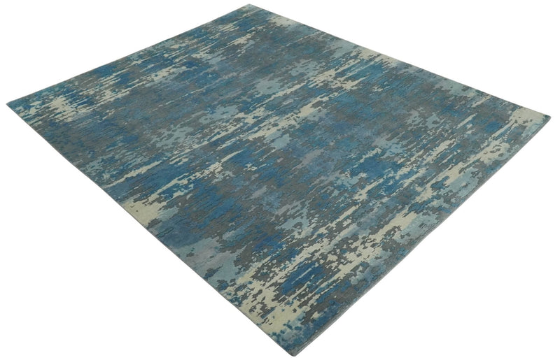 8x10 Hand Knotted Blue, Ivory and Charcoal Abstract Wool Area Rug
