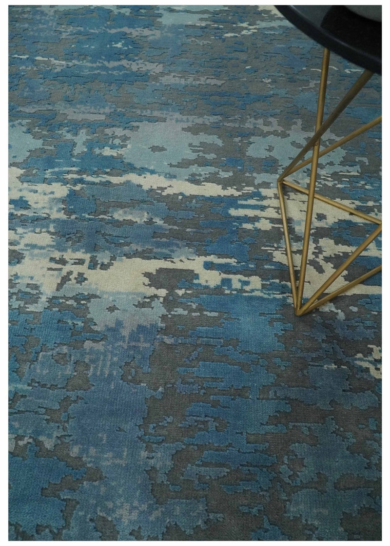8x10 Hand Knotted Blue, Ivory and Charcoal Abstract Wool Area Rug