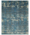 8x10 Hand Knotted Blue, Ivory and Charcoal Abstract Wool Area Rug