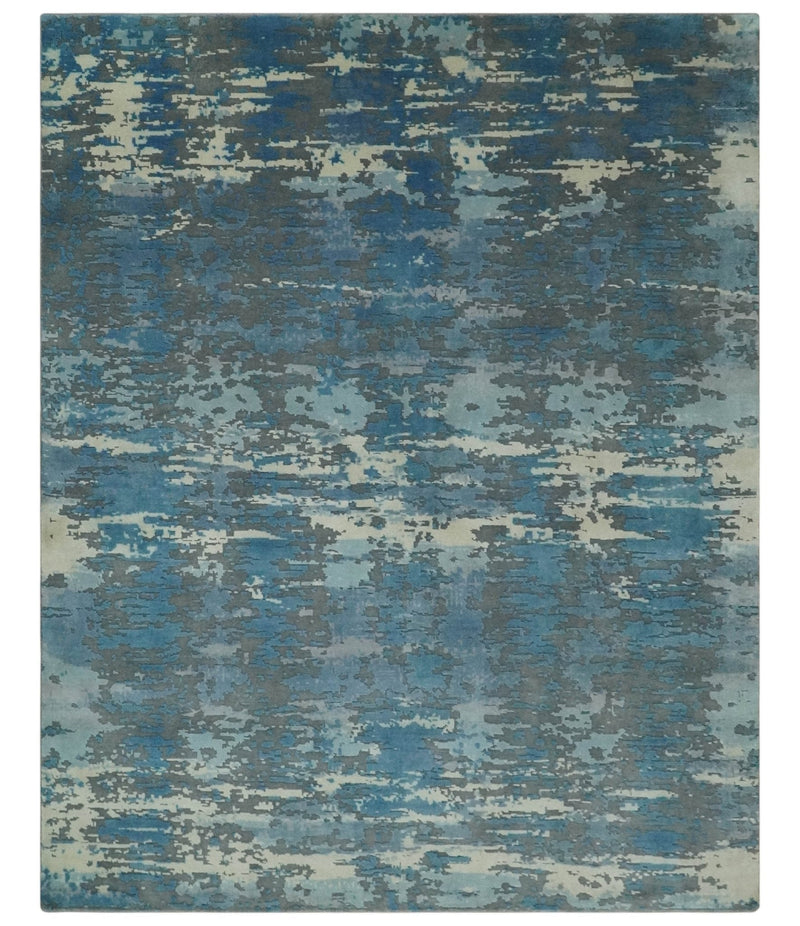8x10 Hand Knotted Blue, Ivory and Charcoal Abstract Wool Area Rug