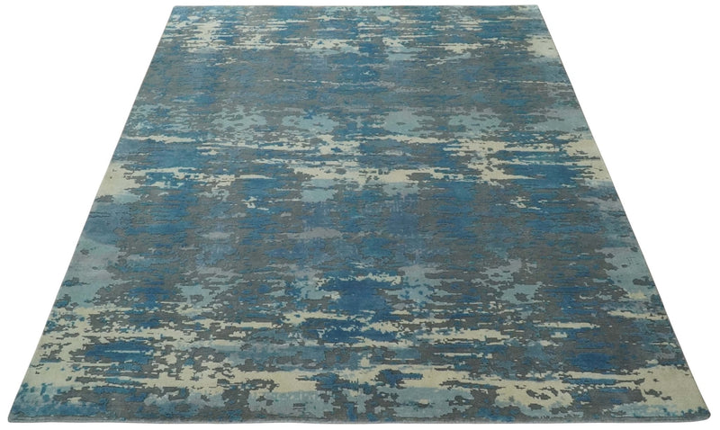 8x10 Hand Knotted Blue, Ivory and Charcoal Abstract Wool Area Rug