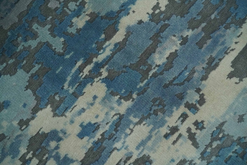 8x10 Hand Knotted Blue, Ivory and Charcoal Abstract Wool Area Rug