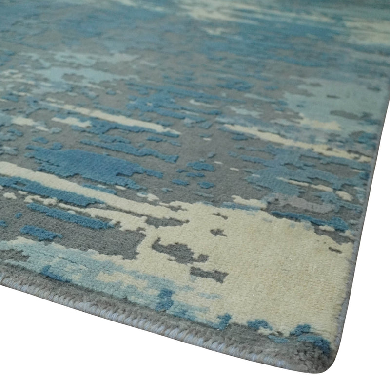 8x10 Hand Knotted Blue, Ivory and Charcoal Abstract Wool Area Rug