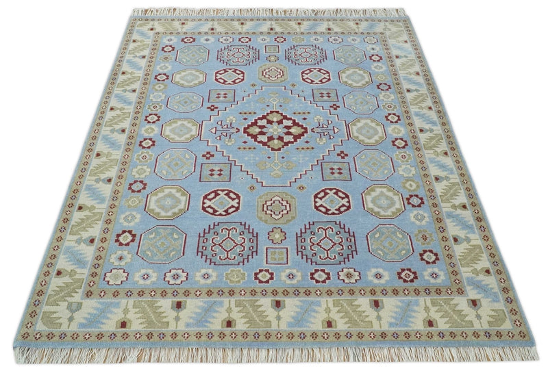 8x10 Hand Knotted Blue, Ivory, Beige and Rust Traditional Persian Oushak Wool Rug | AC8810