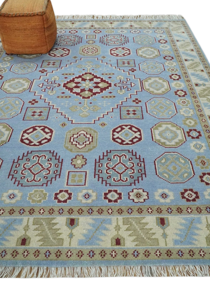 8x10 Hand Knotted Blue, Ivory, Beige and Rust Traditional Persian Oushak Wool Rug | AC8810