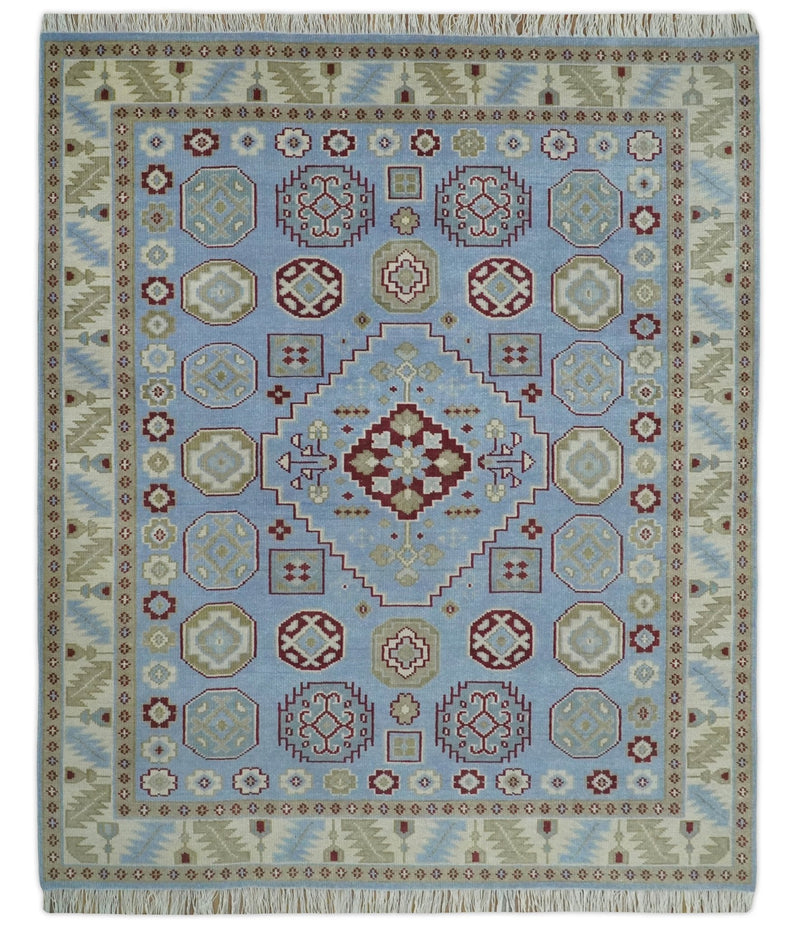 8x10 Hand Knotted Blue, Ivory, Beige and Rust Traditional Persian Oushak Wool Rug | AC8810