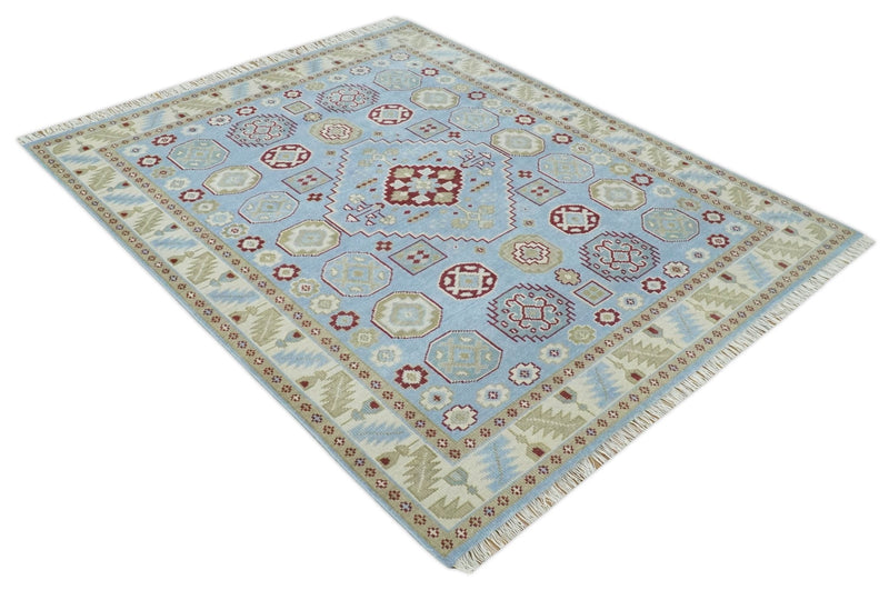 8x10 Hand Knotted Blue, Ivory, Beige and Rust Traditional Persian Oushak Wool Rug | AC8810