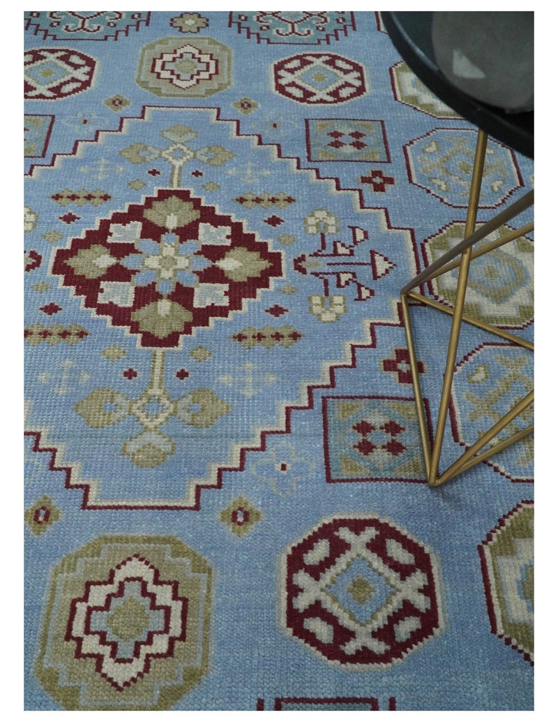 8x10 Hand Knotted Blue, Ivory, Beige and Rust Traditional Persian Oushak Wool Rug | AC8810
