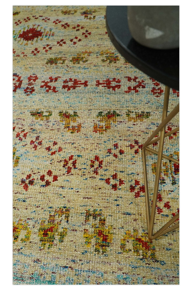 8x10 Hand Knotted Beige, Blue and Rust  Persian made of Recycled Silk Area Rug | OP19