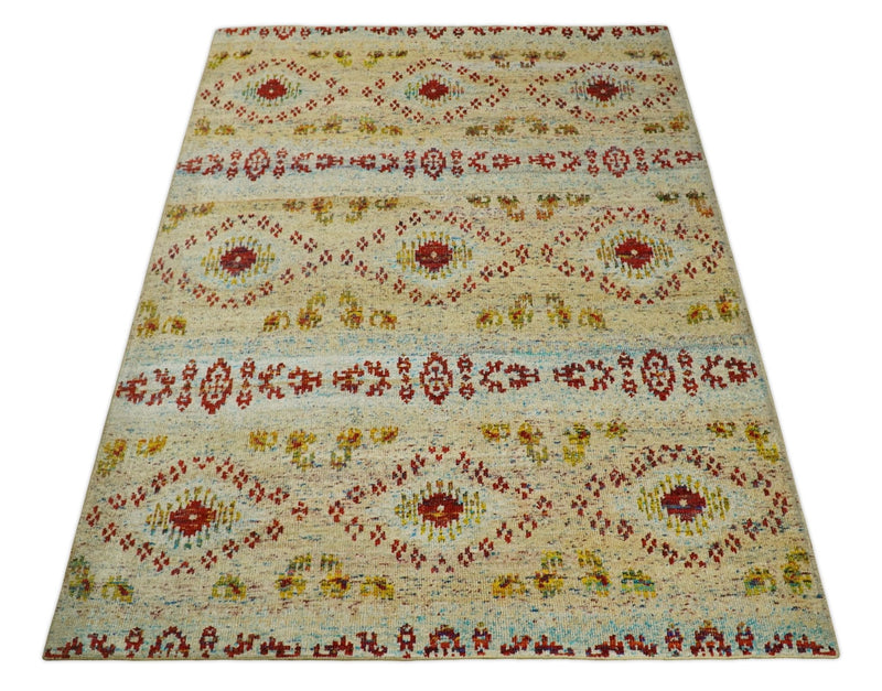 8x10 Hand Knotted Beige, Blue and Rust  Persian made of Recycled Silk Area Rug | OP19