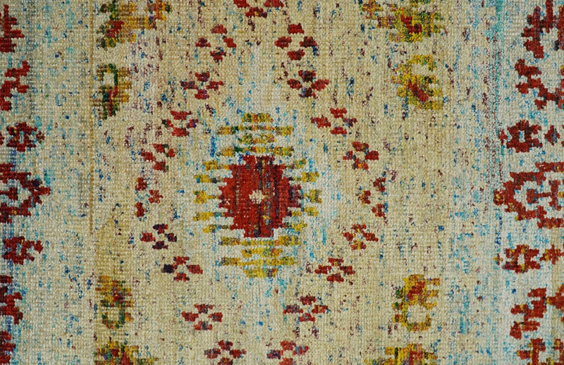 8x10 Hand Knotted Beige, Blue and Rust  Persian made of Recycled Silk Area Rug | OP19