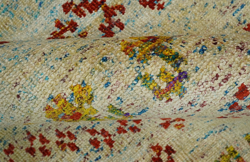 8x10 Hand Knotted Beige, Blue and Rust  Persian made of Recycled Silk Area Rug | OP19