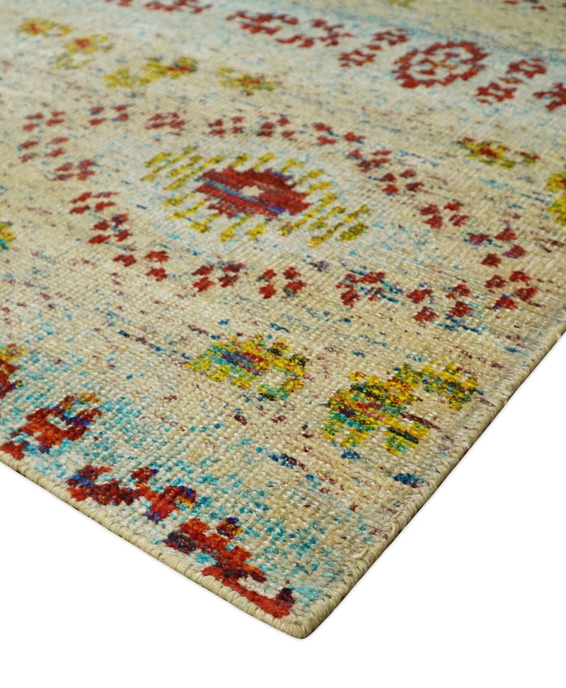 8x10 Hand Knotted Beige, Blue and Rust  Persian made of Recycled Silk Area Rug | OP19
