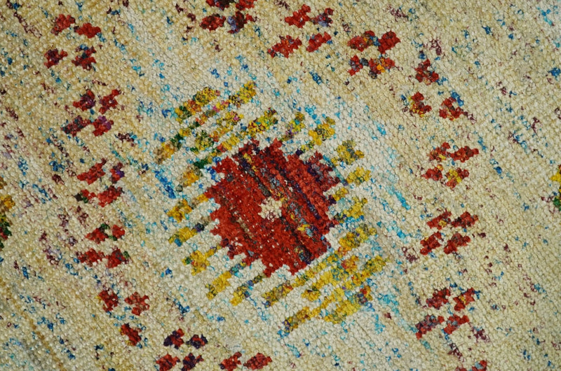 8x10 Hand Knotted Beige, Blue and Rust  Persian made of Recycled Silk Area Rug | OP19