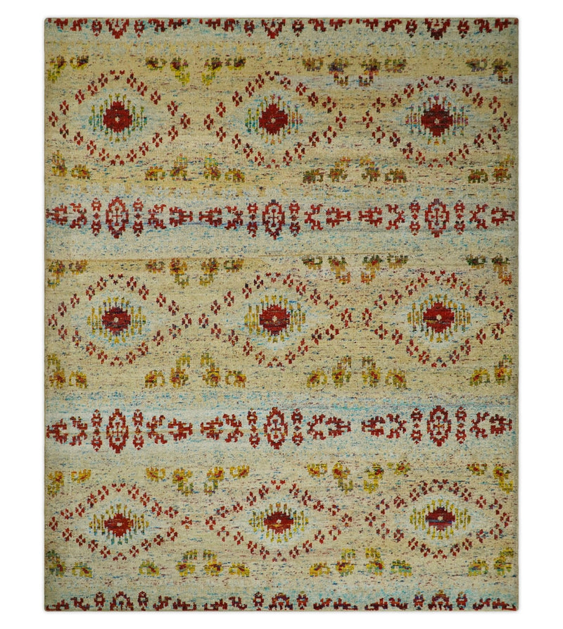 8x10 Hand Knotted Beige, Blue and Rust  Persian made of Recycled Silk Area Rug | OP19