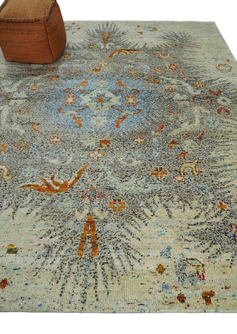 8x10 Hand Knotted Blue, Silver and Beige Antique Persian Style Contemporary Recycled Silk Area Rug | OP30