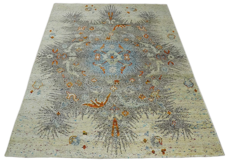 8x10 Hand Knotted Blue, Silver and Beige Antique Persian Style Contemporary Recycled Silk Area Rug | OP30