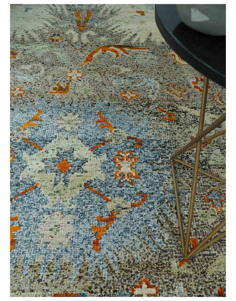 8x10 Hand Knotted Blue, Silver and Beige Antique Persian Style Contemporary Recycled Silk Area Rug | OP30