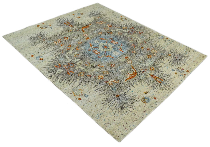 8x10 Hand Knotted Blue, Silver and Beige Antique Persian Style Contemporary Recycled Silk Area Rug | OP30