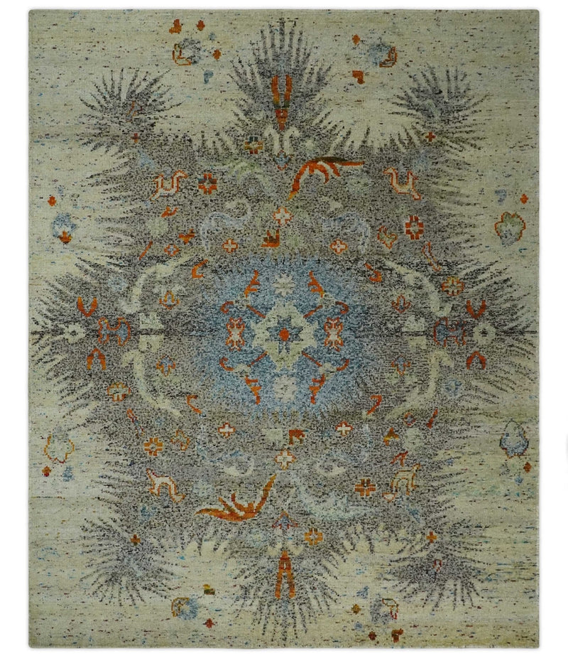 8x10 Hand Knotted Blue, Silver and Beige Antique Persian Style Contemporary Recycled Silk Area Rug | OP30