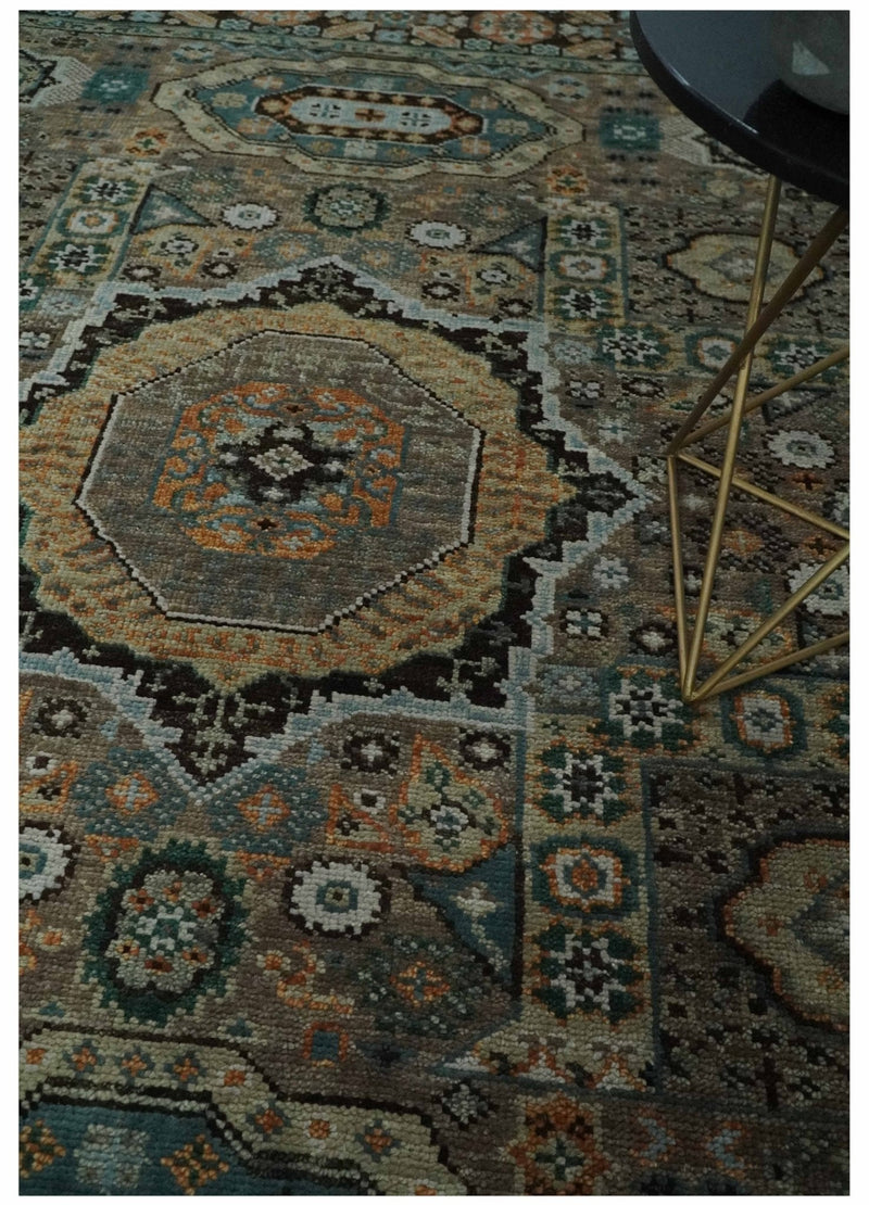 8x10 Hand Knotted Brown, Black and Silver Traditional Mamlook Design Wool Rug