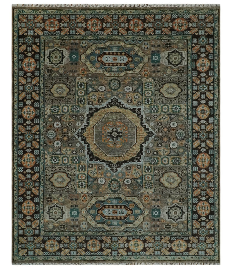 8x10 Hand Knotted Brown, Black and Silver Traditional Mamlook Design Wool Rug