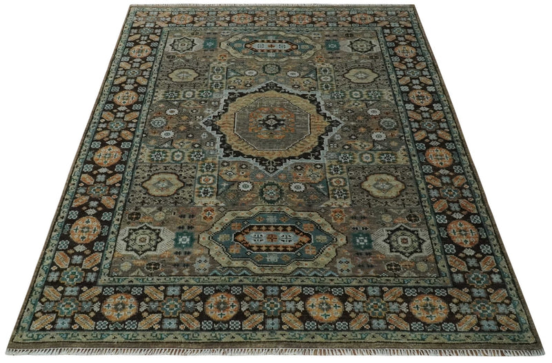 8x10 Hand Knotted Brown, Black and Silver Traditional Mamlook Design Wool Rug