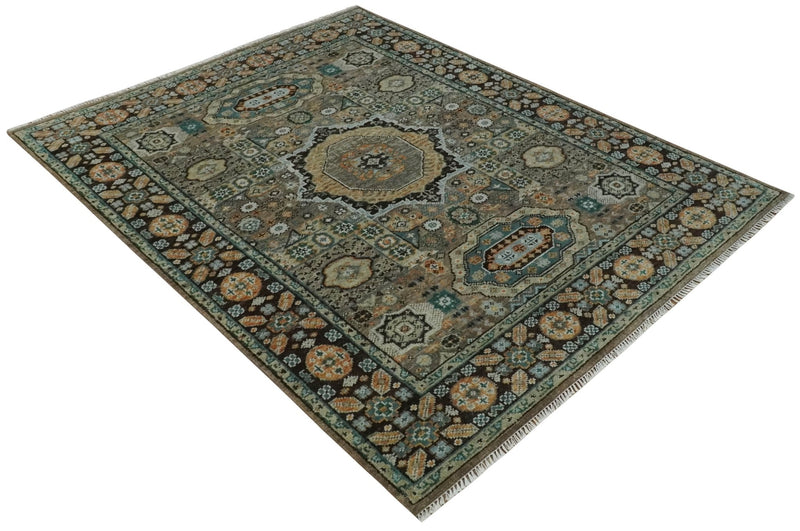 8x10 Hand Knotted Brown, Black and Silver Traditional Mamlook Design Wool Rug