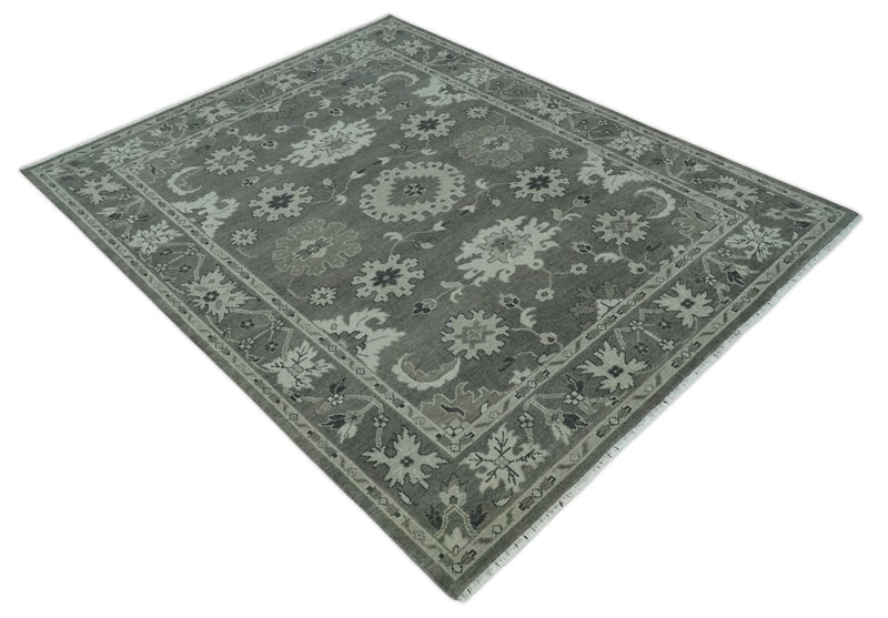 8x10 Hand Knotted Charcoal and Silver Traditional Oushak Wool Rug