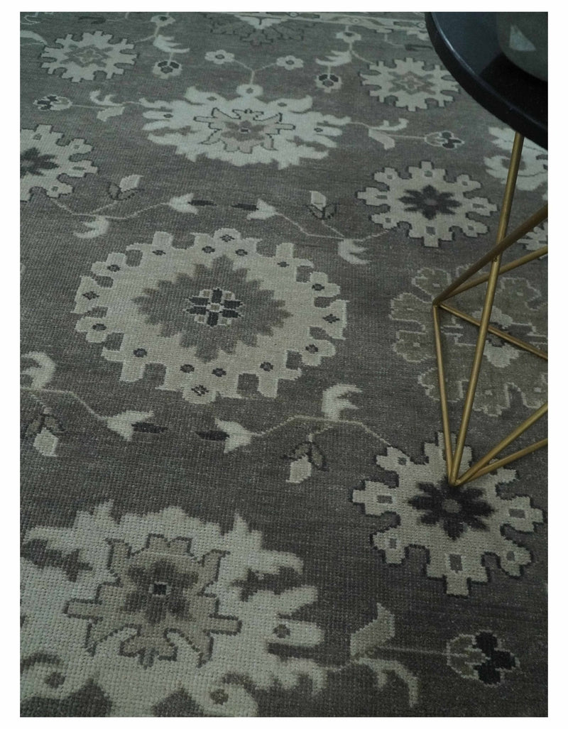 8x10 Hand Knotted Charcoal and Silver Traditional Oushak Wool Rug