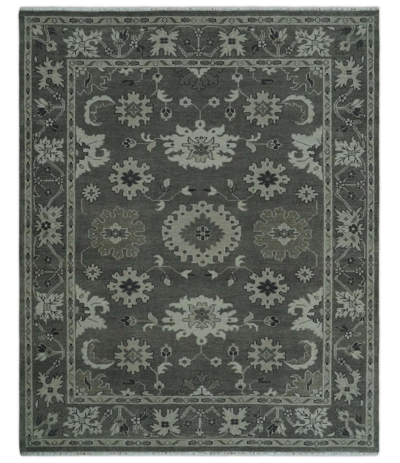 8x10 Hand Knotted Charcoal and Silver Traditional Oushak Wool Rug