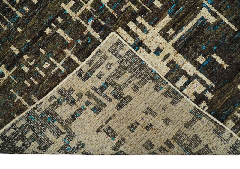 8x10 Hand Knotted Charcoal Beige Modern Abstract Contemporary Recycled Silk Area Rug | OP1