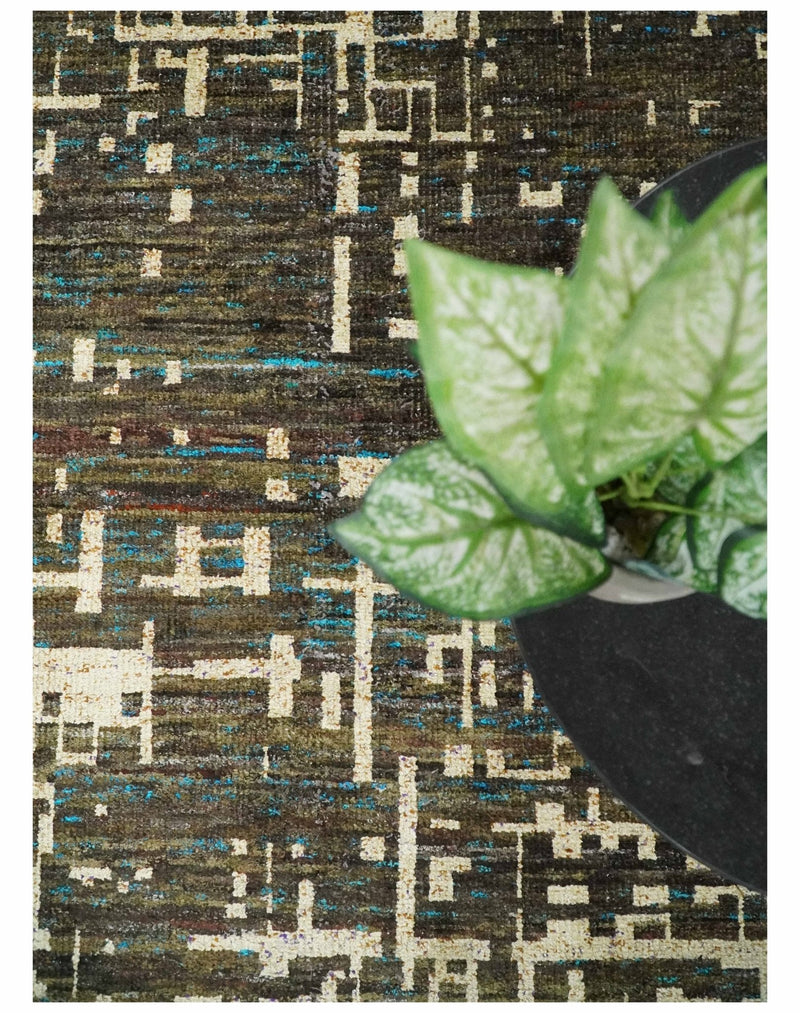 8x10 Hand Knotted Charcoal Beige Modern Abstract Contemporary Recycled Silk Area Rug | OP1