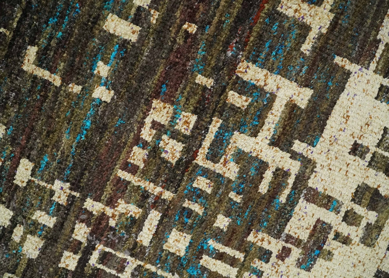 8x10 Hand Knotted Charcoal Beige Modern Abstract Contemporary Recycled Silk Area Rug | OP1