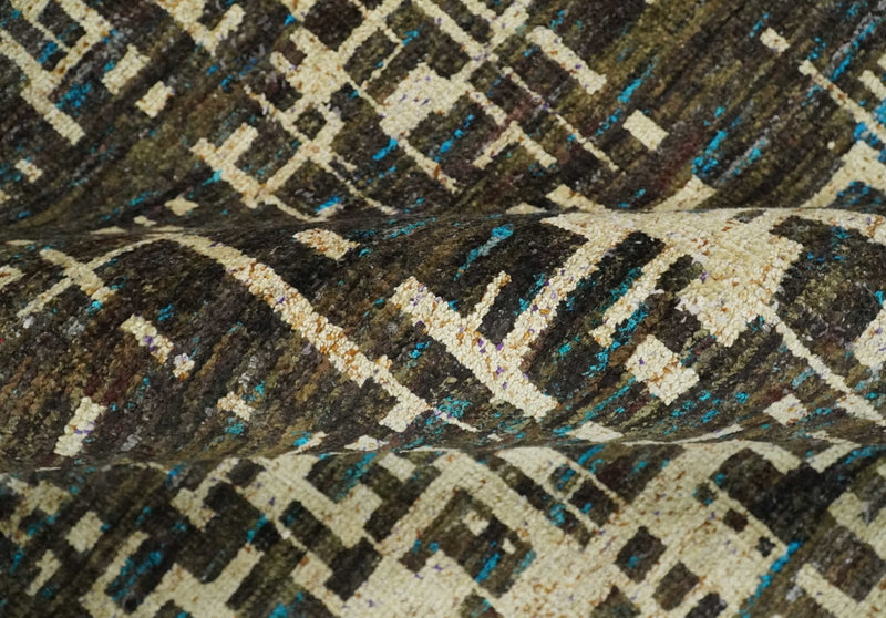 8x10 Hand Knotted Charcoal Beige Modern Abstract Contemporary Recycled Silk Area Rug | OP1