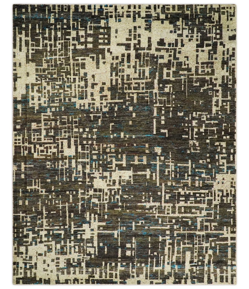 8x10 Hand Knotted Charcoal Beige Modern Abstract Contemporary Recycled Silk Area Rug | OP1