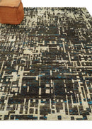 8x10 Hand Knotted Charcoal Beige Modern Abstract Contemporary Recycled Silk Area Rug | OP1