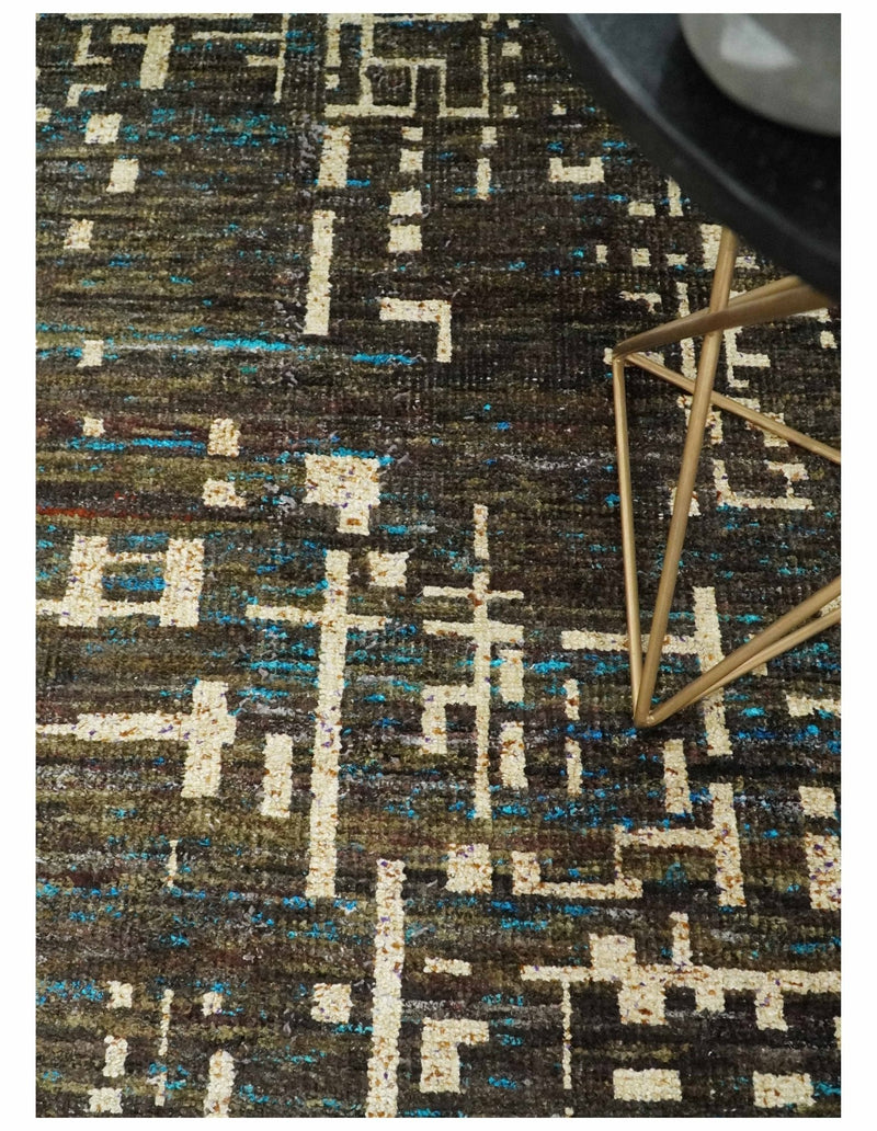 8x10 Hand Knotted Charcoal Beige Modern Abstract Contemporary Recycled Silk Area Rug | OP1