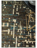 Charcoal Beige Hand Knotted Modern Abstract Area Rug 8x10 - Sustainable Recycled Silk