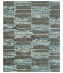 8x10 Hand Knotted Charcoal, Ivory and Aqua Modern Abstract Wool Area Rug