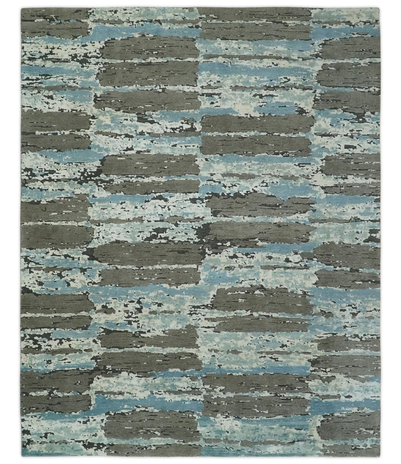 8x10 Hand Knotted Charcoal, Ivory and Aqua Modern Abstract Wool Area Rug