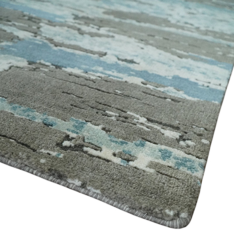 8x10 Hand Knotted Charcoal, Ivory and Aqua Modern Abstract Wool Area Rug