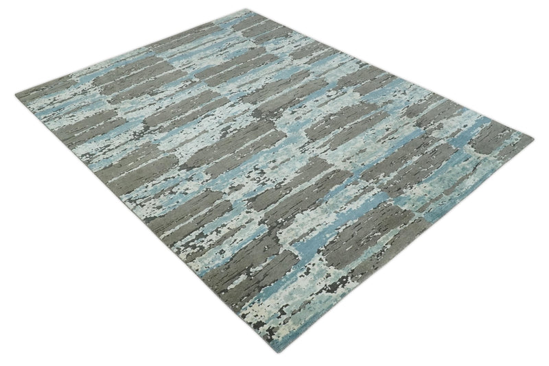 8x10 Hand Knotted Charcoal, Ivory and Aqua Modern Abstract Wool Area Rug