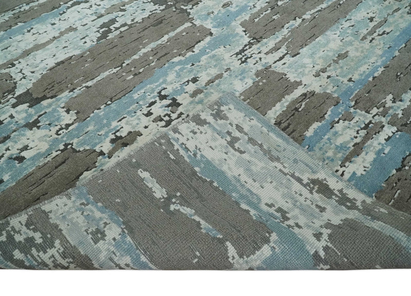 8x10 Hand Knotted Charcoal, Ivory and Aqua Modern Abstract Wool Area Rug