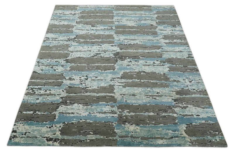 8x10 Hand Knotted Charcoal, Ivory and Aqua Modern Abstract Wool Area Rug