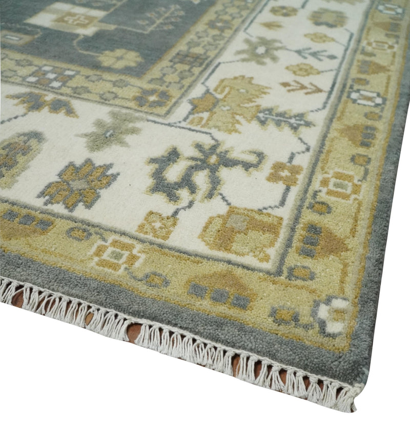 8x10 Hand Knotted Charcoal, Ivory and Beige Traditional Oriental Oushak Wool Rug