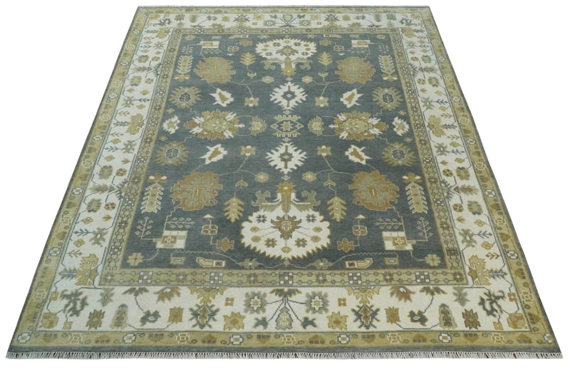 8x10 Hand Knotted Charcoal, Ivory and Beige Traditional Oriental Oushak Wool Rug