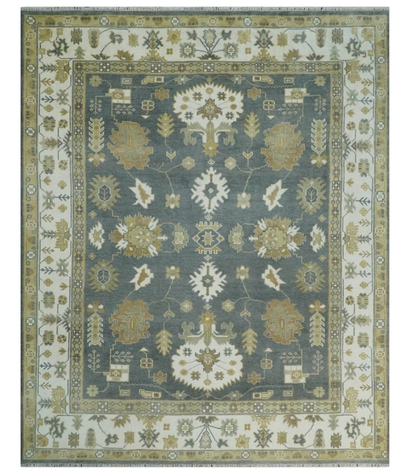 8x10 Hand Knotted Charcoal, Ivory and Beige Traditional Oriental Oushak Wool Rug