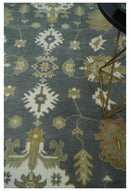 8x10 Hand Knotted Charcoal, Ivory and Beige Traditional Oriental Oushak Wool Rug