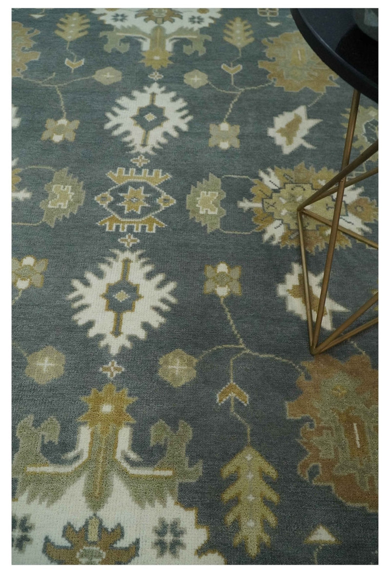 8x10 Hand Knotted Charcoal, Ivory and Beige Traditional Oriental Oushak Wool Rug